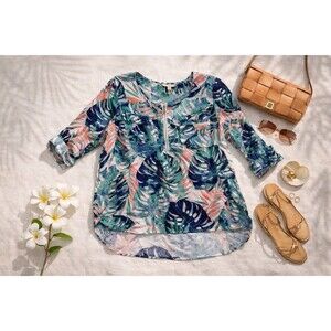 Dana Buchman XXL Linen Blend Tropical Blouse | Zip Front Roll Tab Sleeve